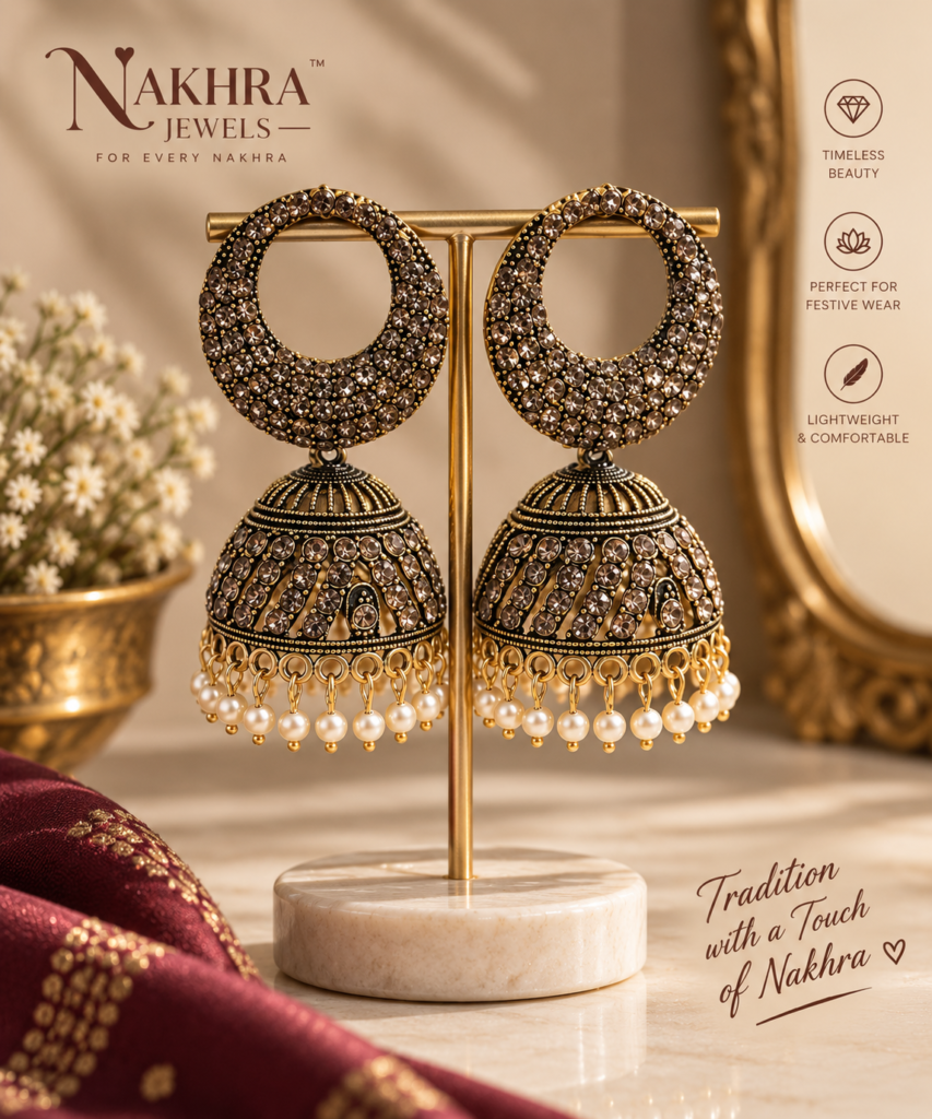 Nakhra Antique Glow Jhumka Earrings with antique-tone detailing and pearl-like drops